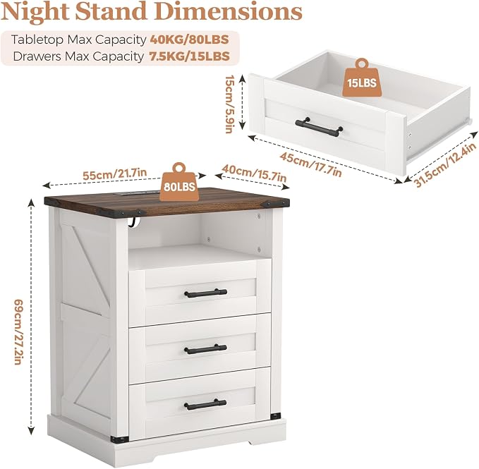 Turosur 22'' Set of 2 White Farmhouse Nightstands - Image 2