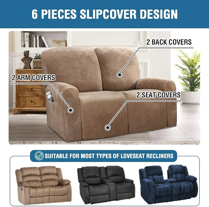 H.VERSAILTEX Velvet Stretch Recliner Couch Covers 6-Pieces Recliner Loveseat - Image 2