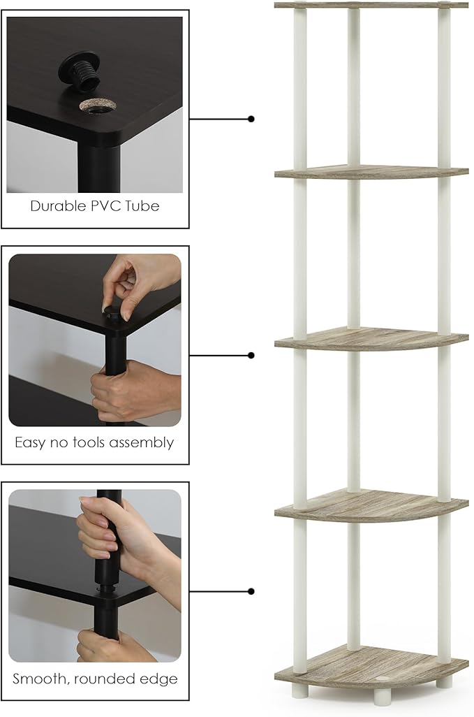 Furinno TURN-N-TUBE Corner Shelf, 5-Tier Corner Bookshelf, Open Storage Shelves - Image 7
