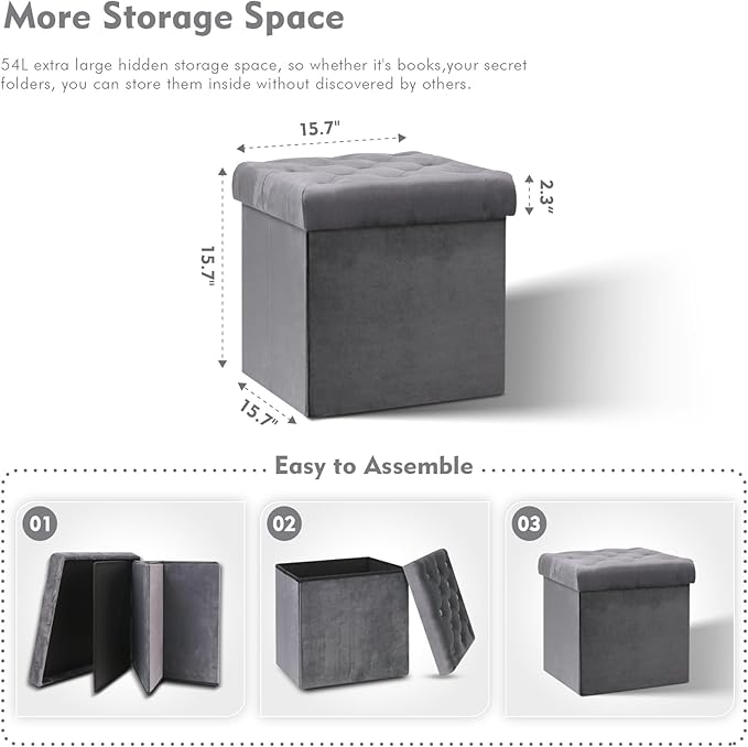 B FSOBEIIALEO Storage Ottoman Cube, Velvet Tufted Folding Ottomans - Image 3