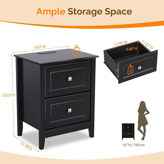 VINGLI 18.9" W Black Nightstand Set of 2 - Image 2