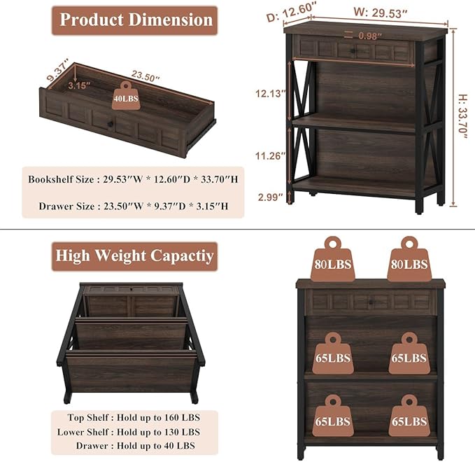 FATORRI Small Bookcase with Drawer, Industrial 3 Shelf Bookshelf, Wood and - Image 2