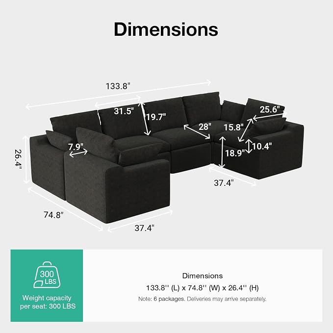 Novilla 133.8" Modular Cloud Couch, Modern Sectional Sofa - Image 2