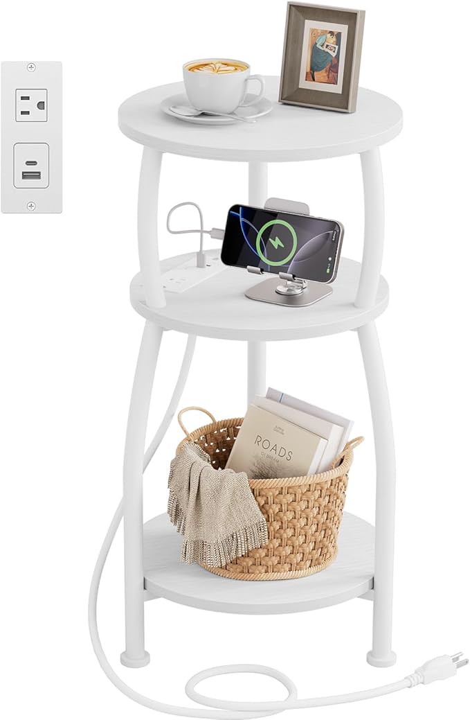 Round Side Table with Power Outlet & USB Ports, 3-Tier End Table with Storage by designyourhome
