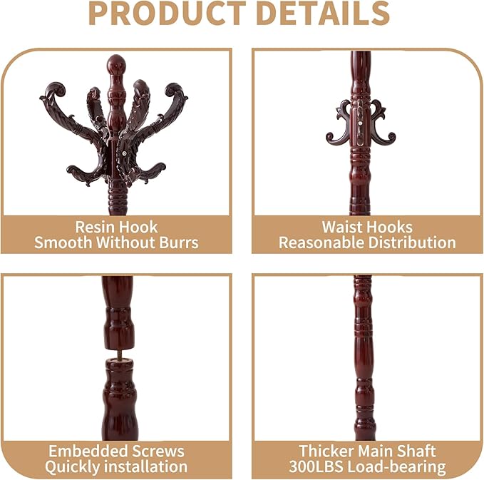 ZOZOE Wooden Classic Coat Rack Stand, Solid Wood Coat Rack Freestanding - Image 2