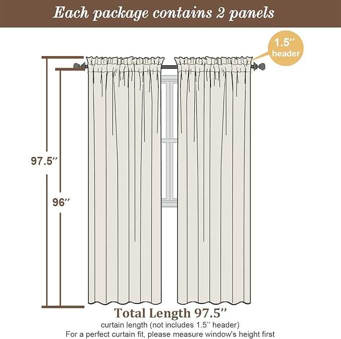 Chyhomenyc Semi Sheer Curtains 96 Inches Long 2 Panels - Image 5