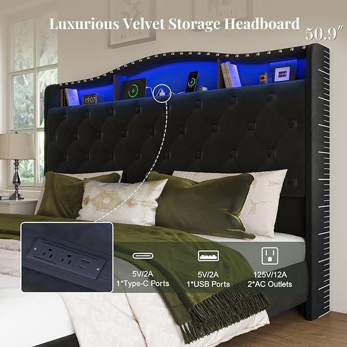 Belffin Queen Size Bed Frame and Headboard, 50.9" Velvet Upholstered Wingback - Image 3