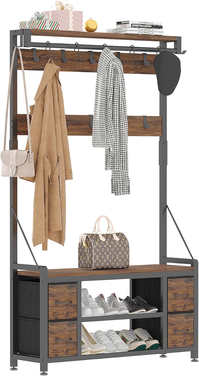 39" Hall Tree with Storage Coat Rack freestanding Entryway Furniture Bench - Image 7