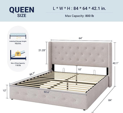 Allewie Queen Size Lift Up Storage Bed, Button Tufted Headboard - Image 2