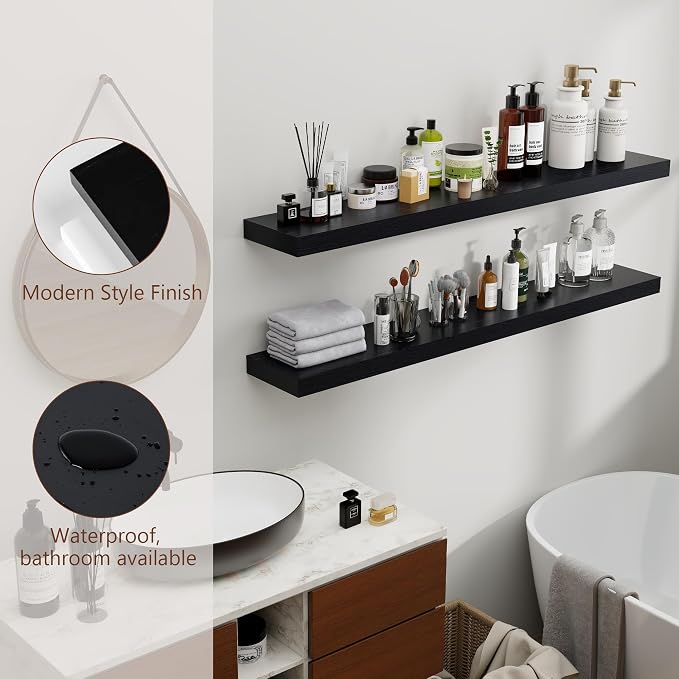 fuqing Black Floating Shelves 48 Inch, Solid Wood Wall Mounted Shelves Set of 2 - Image 6