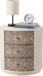 HOMPUS Round End Table with Carved Floral Pattern, Vintage Nightstand w 3 - Image 11