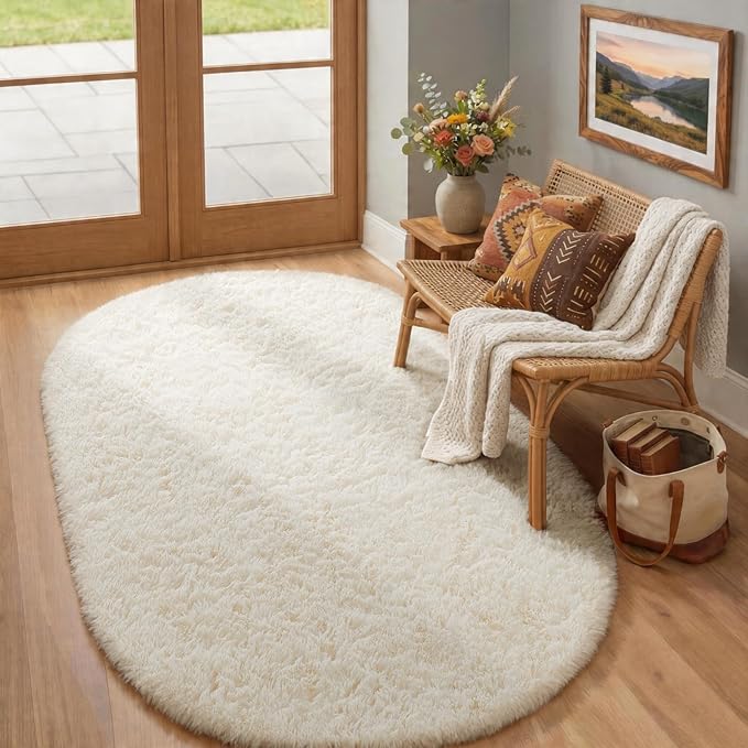 Ophanie 4x6 Oval Ivory Rugs for Bedroom Living Room, Fluffy Fuzzy Furry Carpet by Ophanie