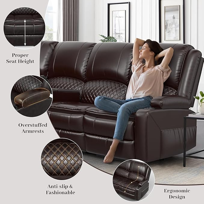 Yolsali Manual Reclining Sectional Sofa Set, 6 Seats Soft Leather Recliner - Image 3