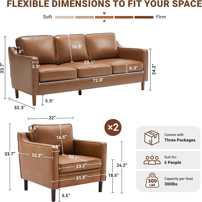 Kingfun Living Room Furniture Sets, 3 Seater Couch and 2 Armchair, Mid Century - Image 2