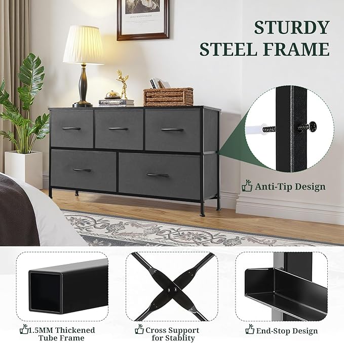 5-Drawer Dresser for Bedroom, Anti-Tip Wide Storage Organizer Fabric Chest of - Image 4