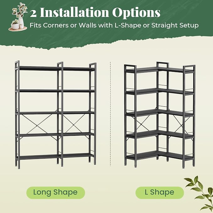 Huuger 5 Tier Bookshelf, L Shaped Corner Bookshelf - Image 9