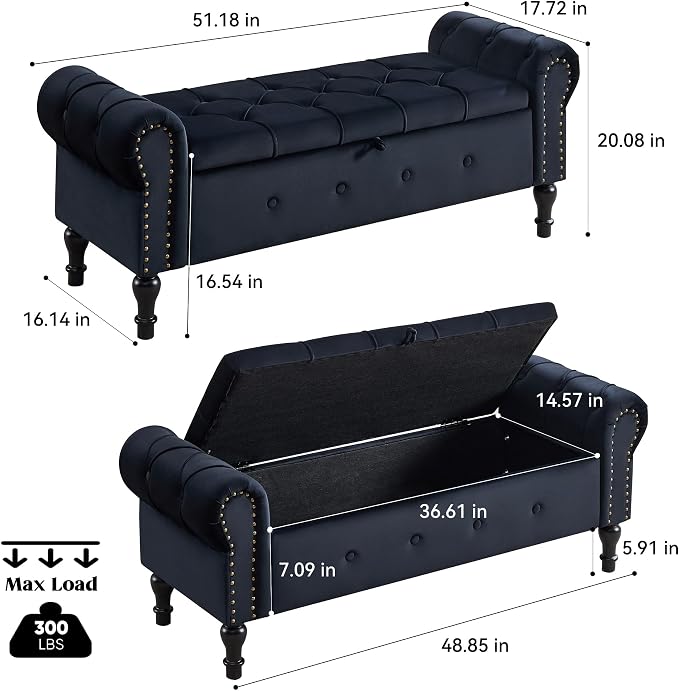 Storage Bench for Bedroom, Velvet 51" End of Bed Bench, Queen Size Bench - Image 2