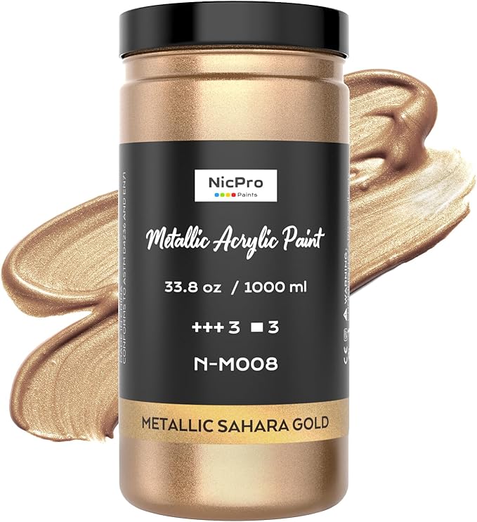 Nicpro Metallic Sahara Gold Acrylic Paint 33.8oz/1000ml, Non Toxic Non Fading by Nicpro
