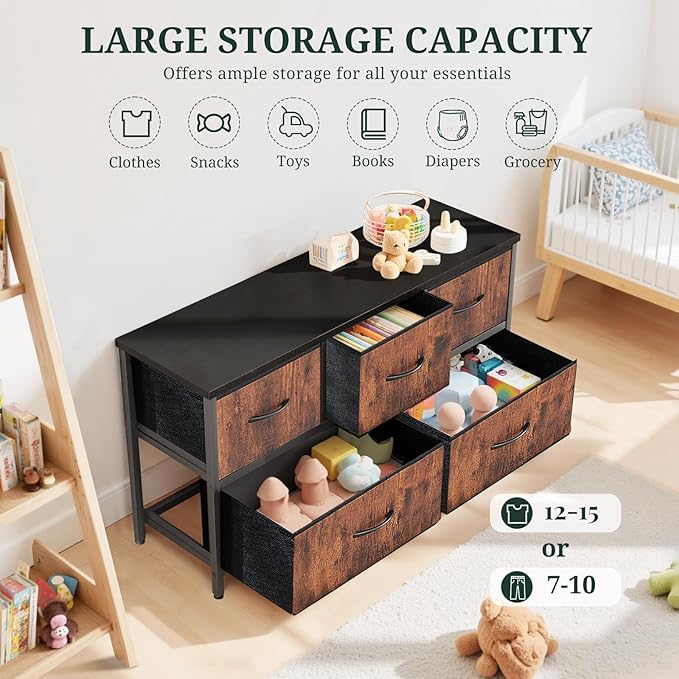 5-Drawer Dresser for Bedroom, Anti-Tip Wide Storage Organizer Fabric Chest of - Image 5