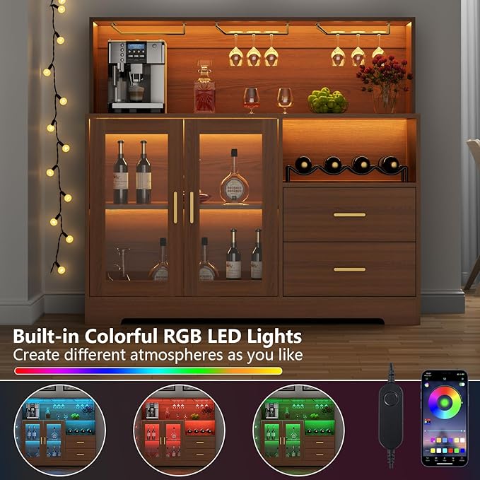 Auromie Wine Bar Cabinet with LED Light, Home Coffee Cabinet with Wine and - Image 4