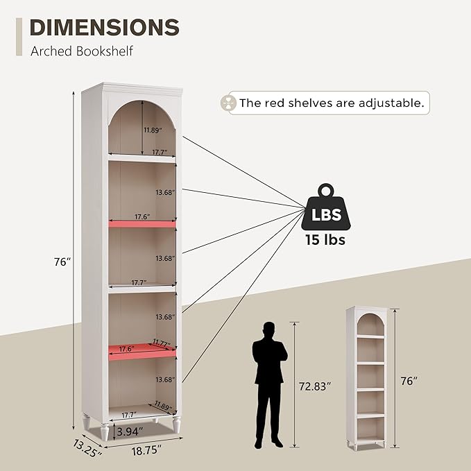 IFGET 76" Tall Arched Bookcase, Farmhouse 5 Tiers Narrow Arched Bookshelf - Image 2