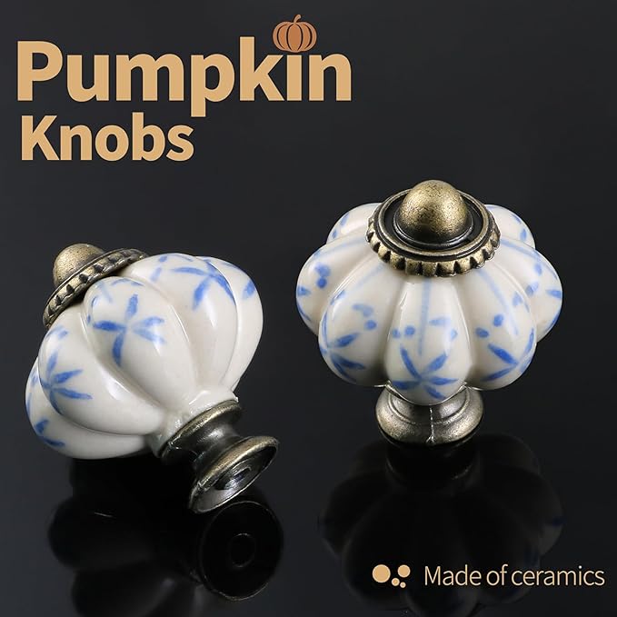 Ivory & Blue Pumpkin Knobs 6 Pack Ceramic Cabinet Knobs Vintage Drawer Pulls - Image 5