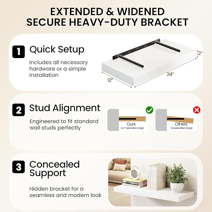 White Floating Shelves 55Inch Long, 12 Inch Deep Floating Shelves - Image 6