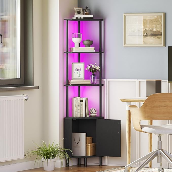 HOOBRO Corner Cabinet with LED Light, Corner Shelf Stand with Storage and Doors - Image 4