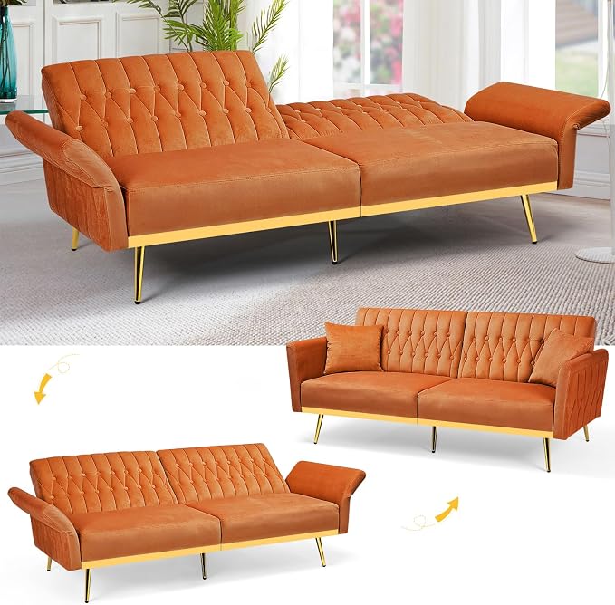 70” Velvet Futon Sofa Bed w/Adjustable Armrests & 2 Pillows, Convertible Futon - Image 6