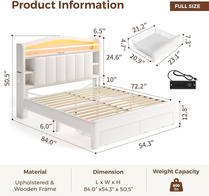 Full Size Bed Frame with LED Storage Headboard & 2 Storage Drawers, Velvet - Image 2