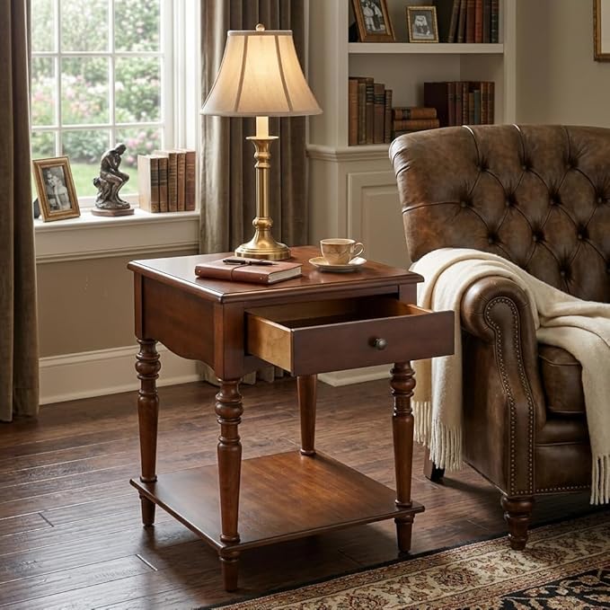 End Table with Drawer and Storage Shelf, Solid Wood Sofa Side Table, Square - Image 4