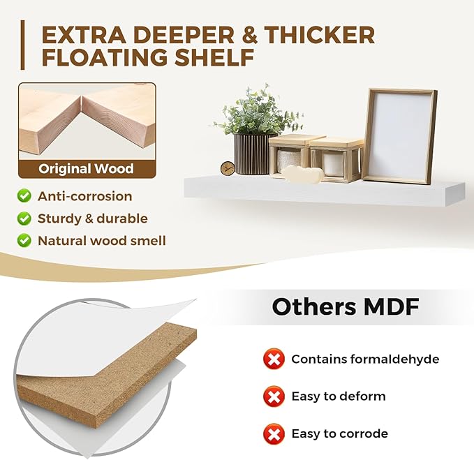 36x8x1.6 inch Floating Shelves Set of 2 – Solid Wood Rustic White Wall Mounted - Image 3