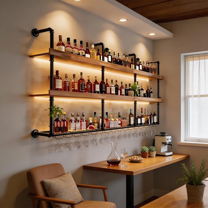 Wall Mounted Wine Rack with LED Lights, 3-Tier Industrial Wood Floating Shelves - Image 5