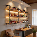 Wall Mounted Wine Rack with LED Lights, 3-Tier Industrial Wood Floating Shelves - Image 5