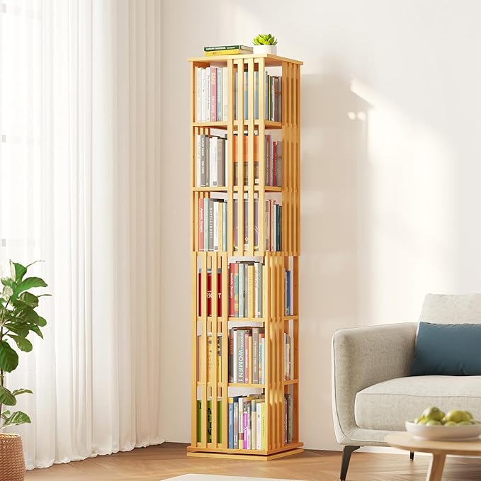 SpaceAid 6 Tier Rotating Bookshelf Tower, Bamboo Spinning Book Shelf, Revolving by SpaceAid