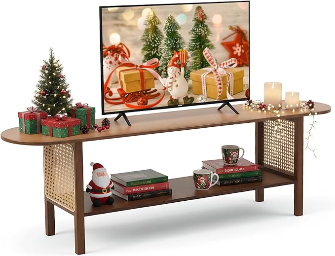 Welnow Walnut Rattan TV Stand for 65" TV, Mid Century Modern Entertainment by LifeGetsBetterWithWelnow