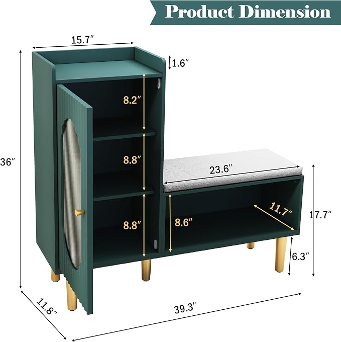 HLR Storage Bench with Glass Door&Shelf, Modern Entryway Shoe Cabinet Bench - Image 2