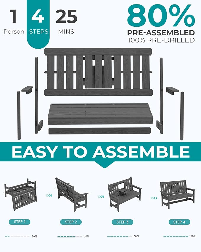 SERWALL Outdoor Bench with Cup Holder, Oversized 58" HDPE Porch Bench Suitable - Image 7