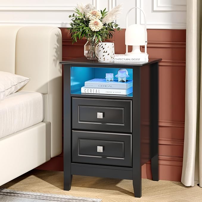 Bonnlo Led Nightstand with Charging Station, Night Stand Black Bedside Table - Image 6