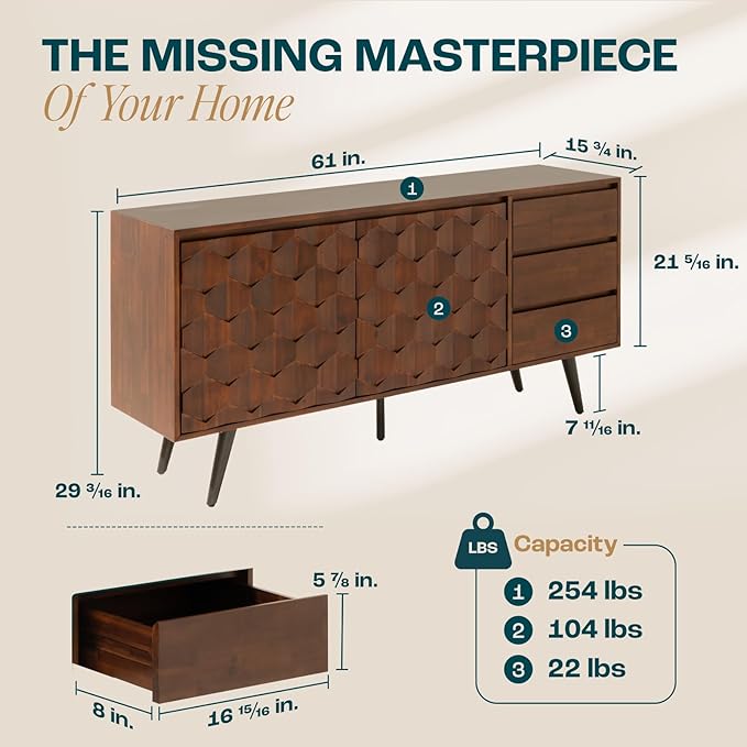 Bme Sideboard Georgina Solid Wood 2 Doors & 3 Drawers, Living Room - Image 2