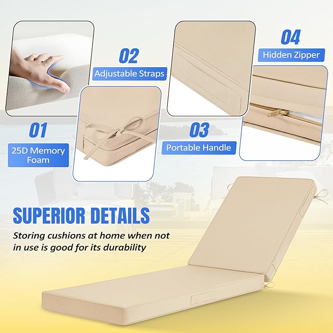 Basic Beyond Chaise Lounge Cushions Outdoor, 3-Layer Waterproof Outdoor - Image 3