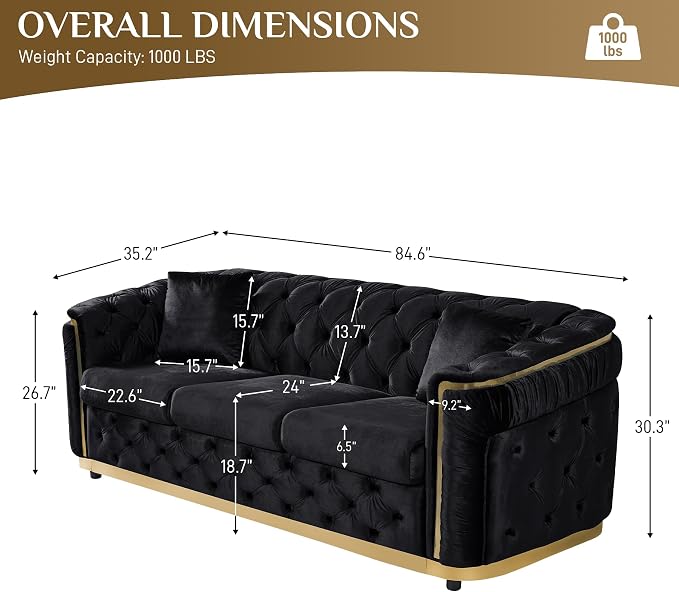 DAMAIFROM Luxury Velvet Couch Set Black and Gold Sofa, Mid Century Modern - Image 2