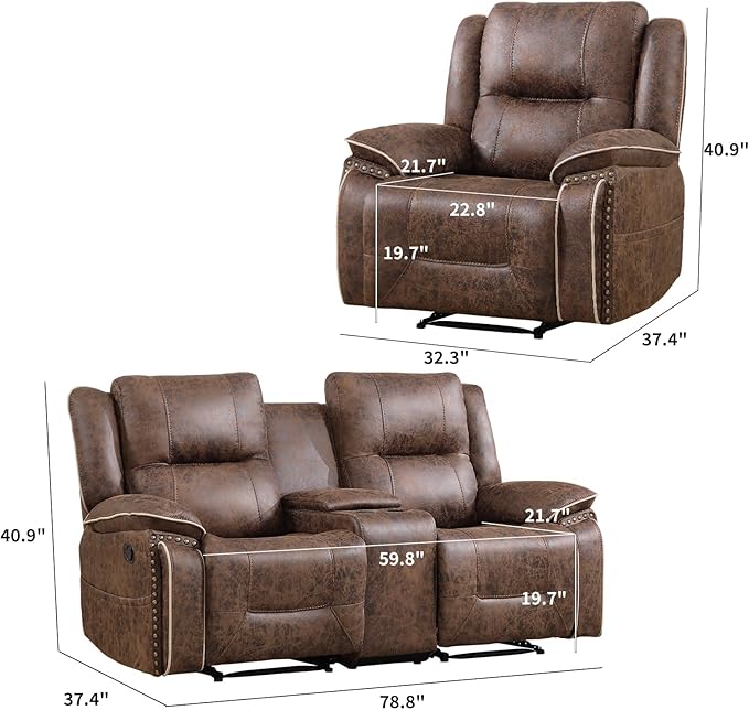 EBELLO Faux Leather Manual Recliner Sofa Set, 2 Seat Reclining Chair and a - Image 2