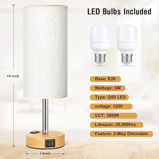 Fenmzee Small Touch Table Lamps Set of 2-3-Way Dimmable, USB A + C Charging - Image 4