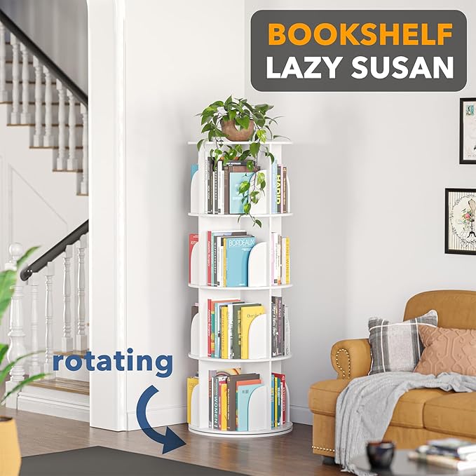 SpaceAid 4 Tier Rotating Bookshelf Tower, Spinning Bookcase Lazy Susan - Image 4