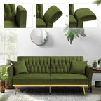 70” Velvet Futon Sofa Bed w/Adjustable Armrests & 2 Pillows, Convertible Futon - Image 2