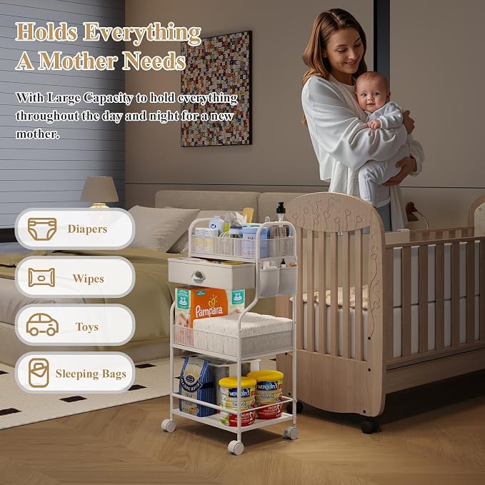 Baby Diaper Caddy Cart Organizer -3 Tier, Bedside Nursery Essentials Organizer - Image 6