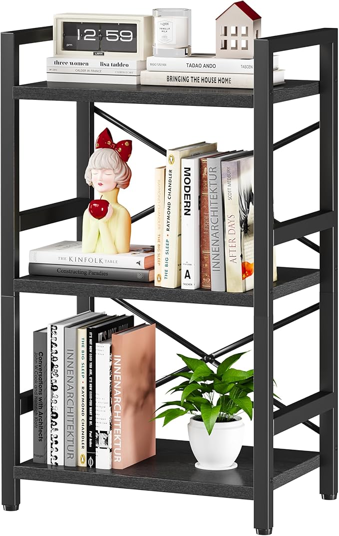 Homeiju Bookshelf, 3 Tier Industrial Bookcase, Metal Small Bookcase, Rustic by Homeiju
