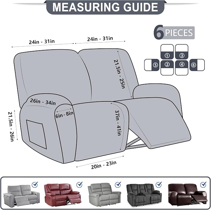ANARACHON Leather Look Loveseat Recliner Cover, 6-Pieces Stretch Dual Recliner - Image 3