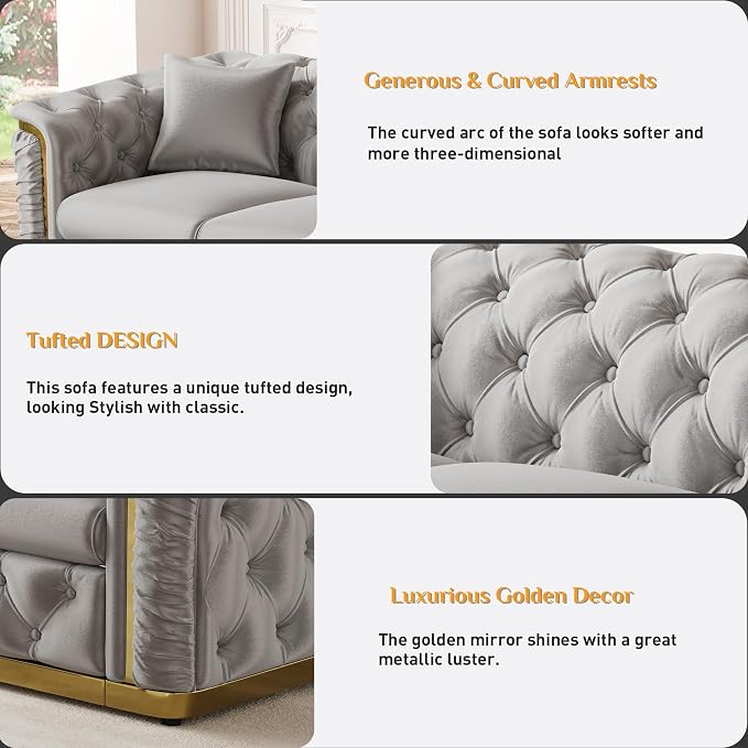 Luxury Chesterfield Sofa Set of 2, Velvet Tufted Couch Victorian Black and Gold - Image 5